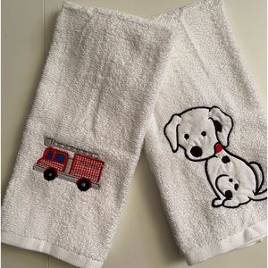 Firetruck and Dalmatian Hand Towels - for your little fireman - set of two